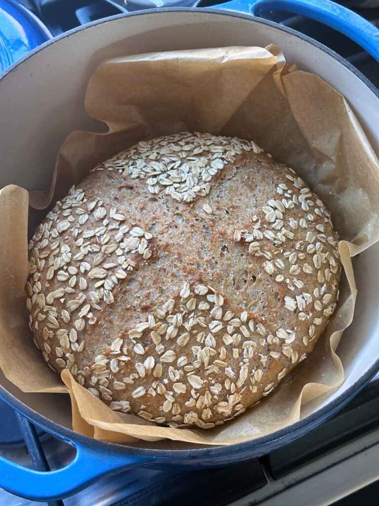 A seeded multigrain no knead bread loaf in a Dutch oven after baking.