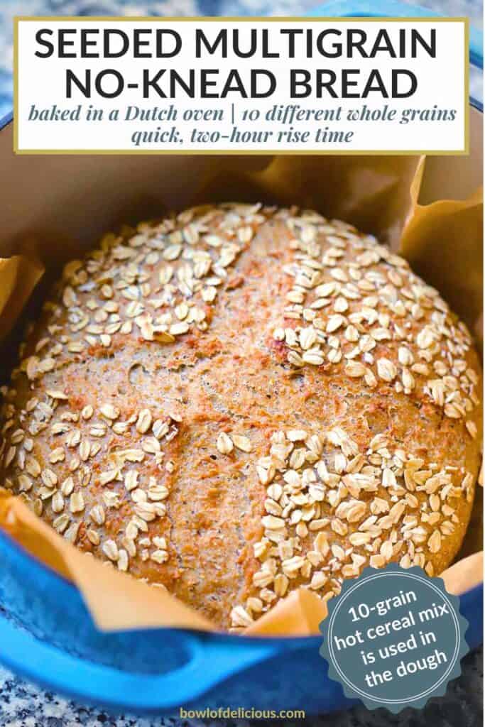 Pinterest image for multigrain no knead bread.