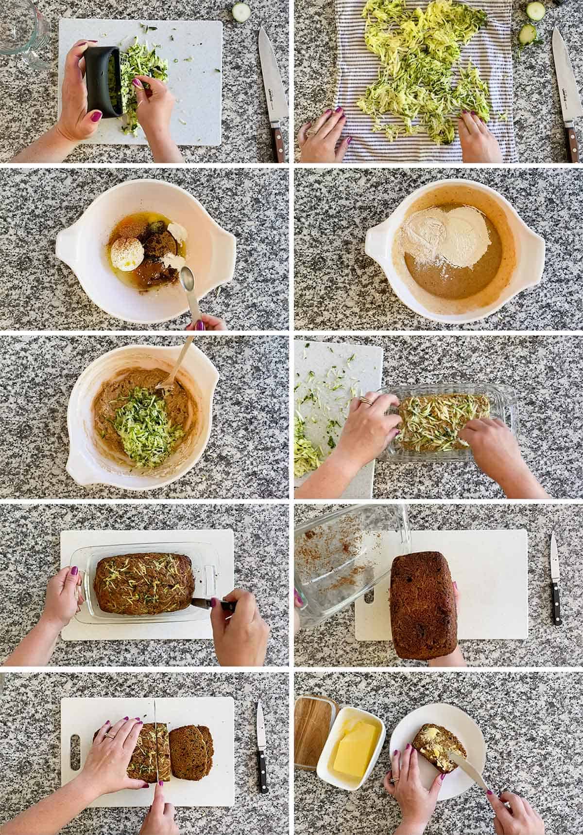 Process collage showing how to make zucchini bread with olive oil, whole wheat flour, and Greek yogurt.