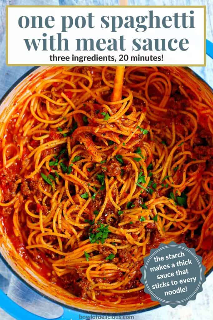 Pinterest image for one pot spaghetti with meat sauce.