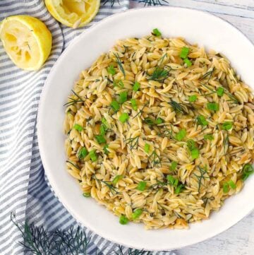 Square photo of overhead shot of orzo pilaf.