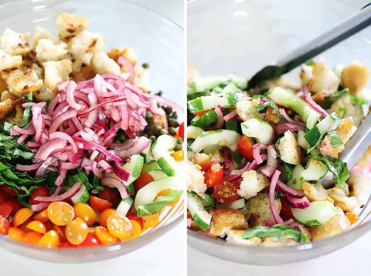 Mixing the ingredients for panzanella together.