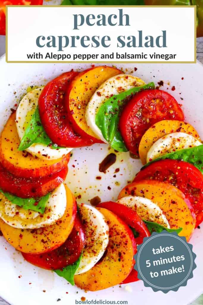 Pinterest image for peach caprese salad.
