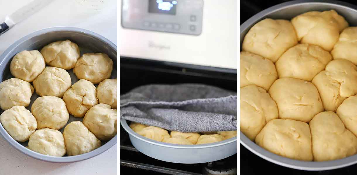 A photo collage showing dinner rolls before and after rising under a towel.