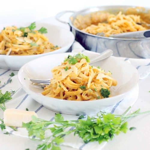 With 60% fewer calories than traditional Alfredo sauce, this Pumpkin Fettucini Alfredo is healthy, creamy, and delicious. It's a great way to sneak veggies into a main course, especially in the fall season!