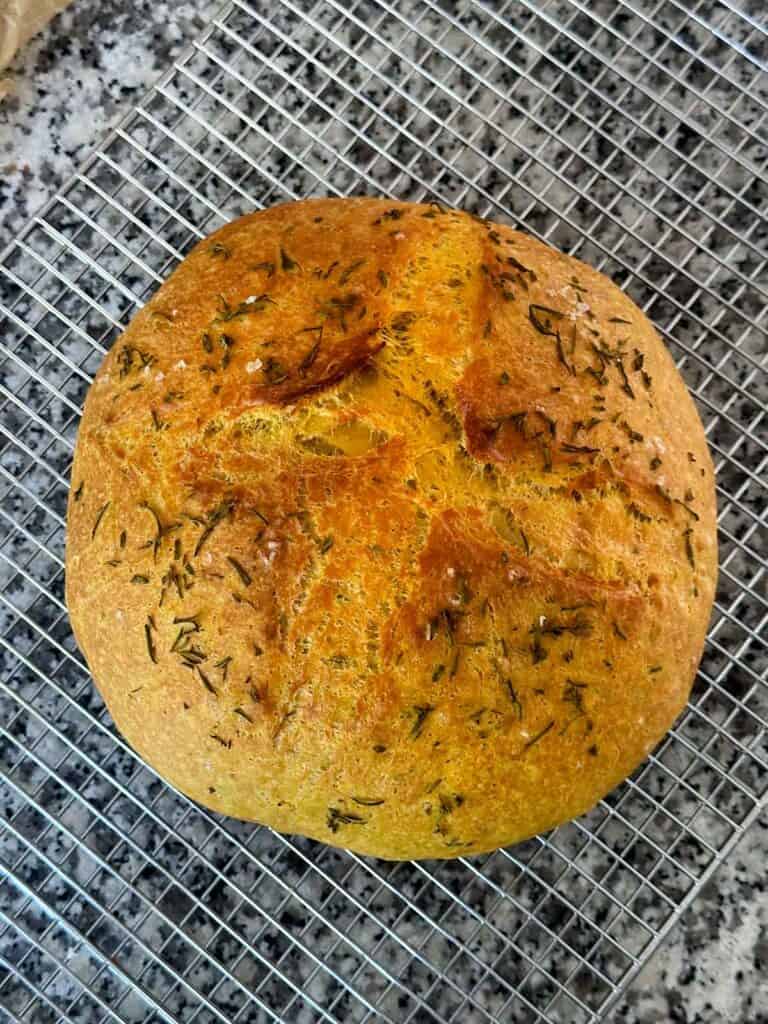 A loaf of crusty no knead pumpkin bread after baking on a cooling rack.