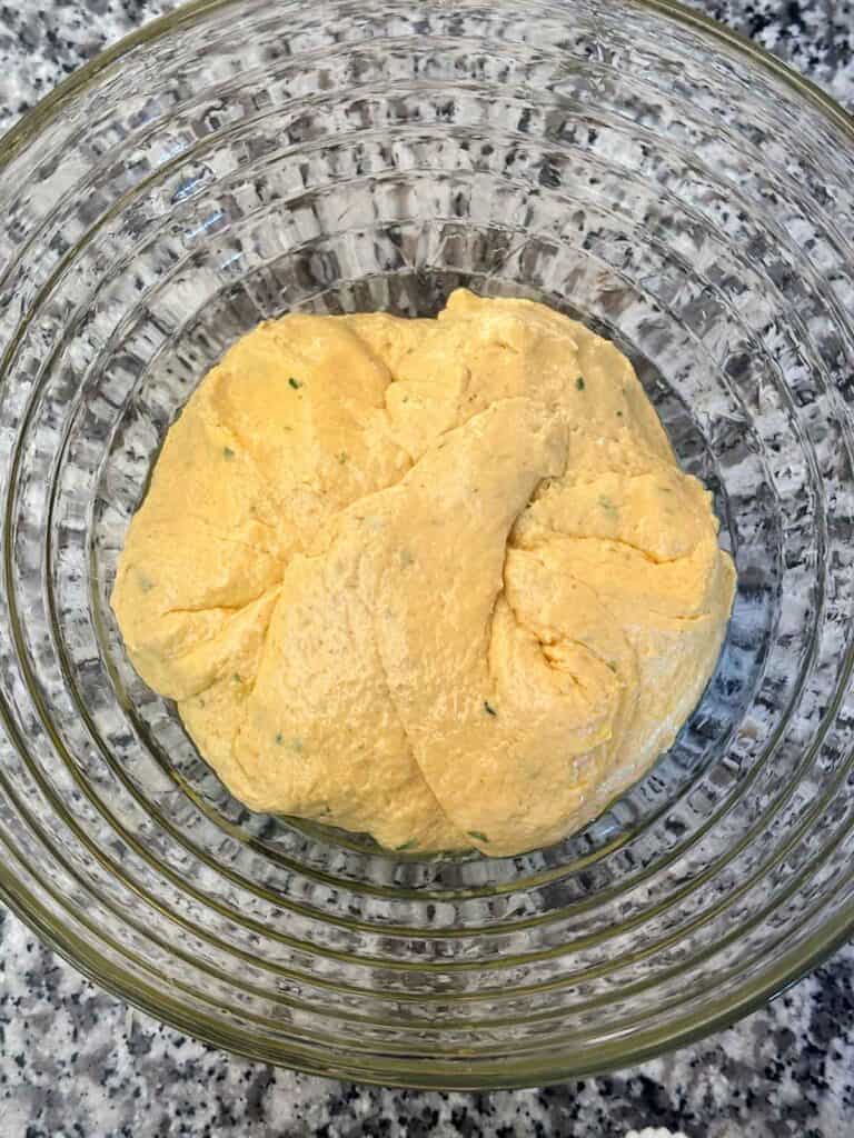 The dough for no knead pumpkin bread in a bowl, before rising.