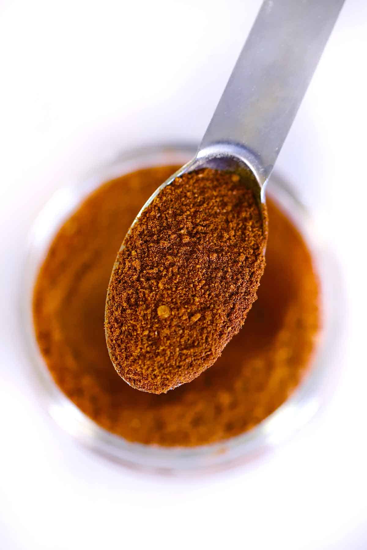 A spoonful of pumpkin pie spice hovering over a jar.