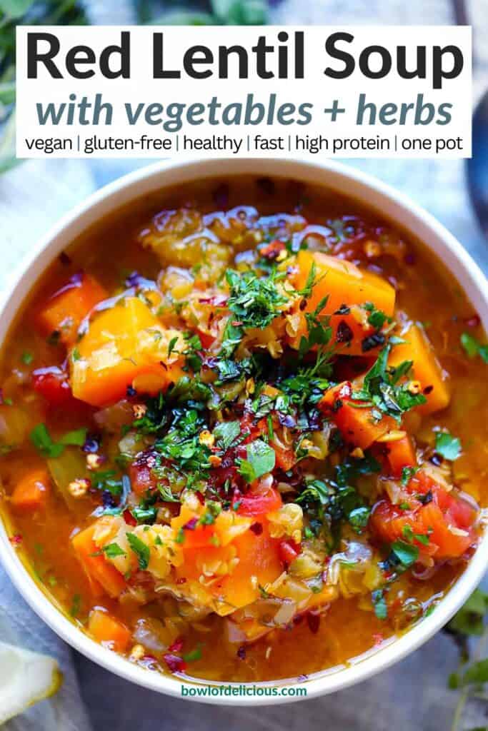 Pinterest image for red lentil soup with vegetables and herbs.