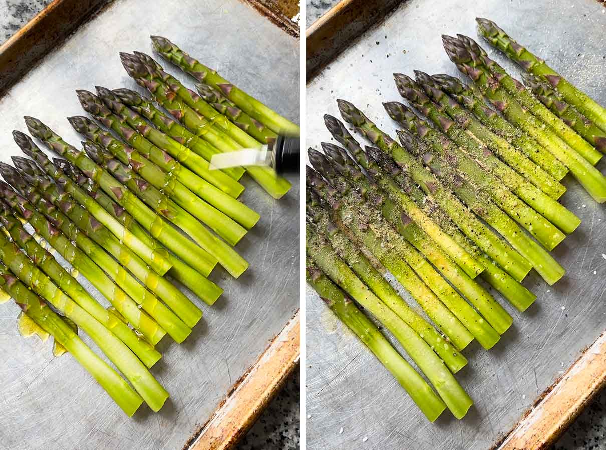 Process collage showing drizzling asparagus spears with olive oil and seasoning with pepper, salt, and garlic powder on a baking sheet.