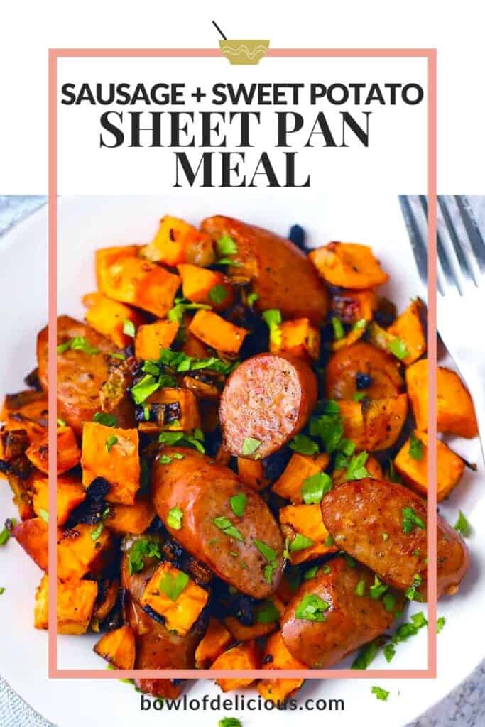 Pinterest image for sheet pan sausage and sweet potatoes.