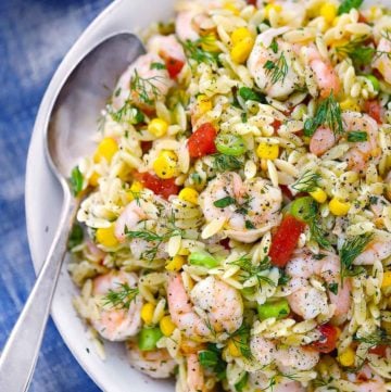 Square image of shrimp orzo salad.