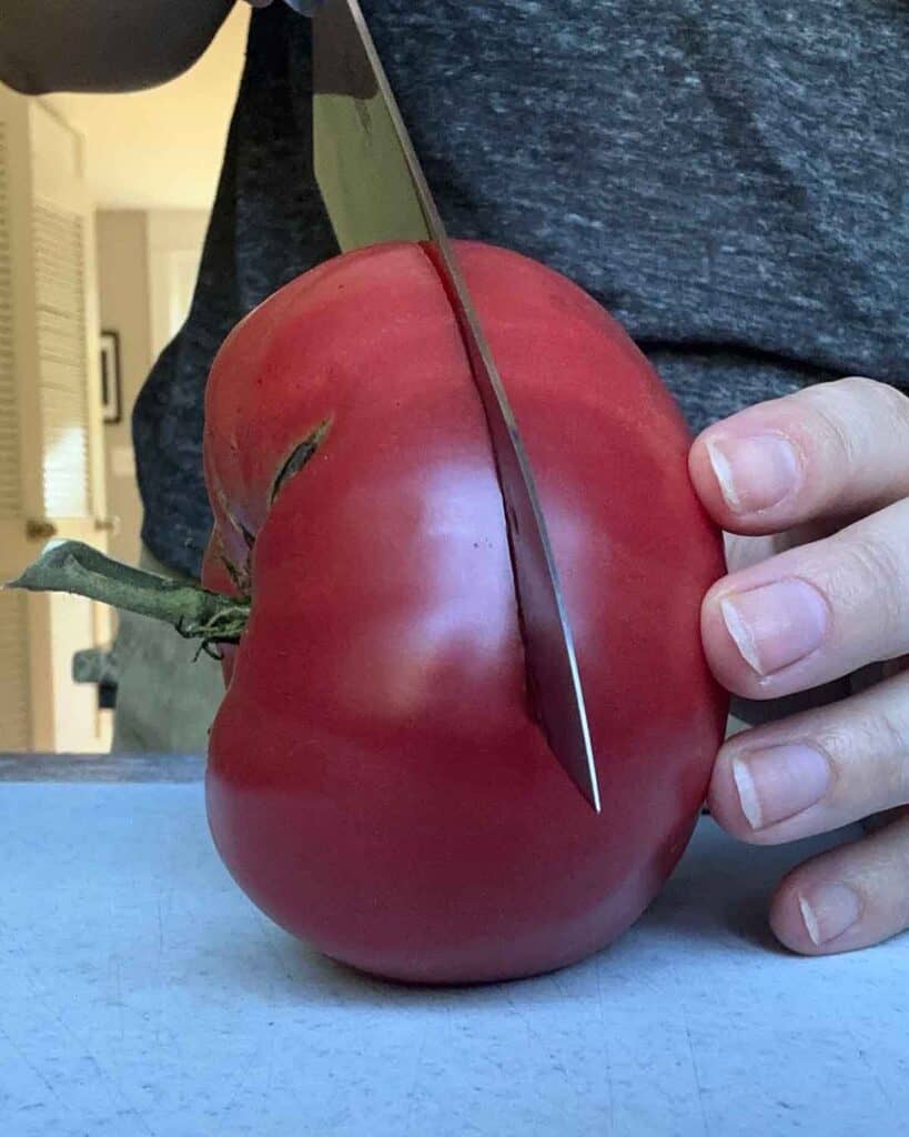 Cutting a tomato in half lengthwise.