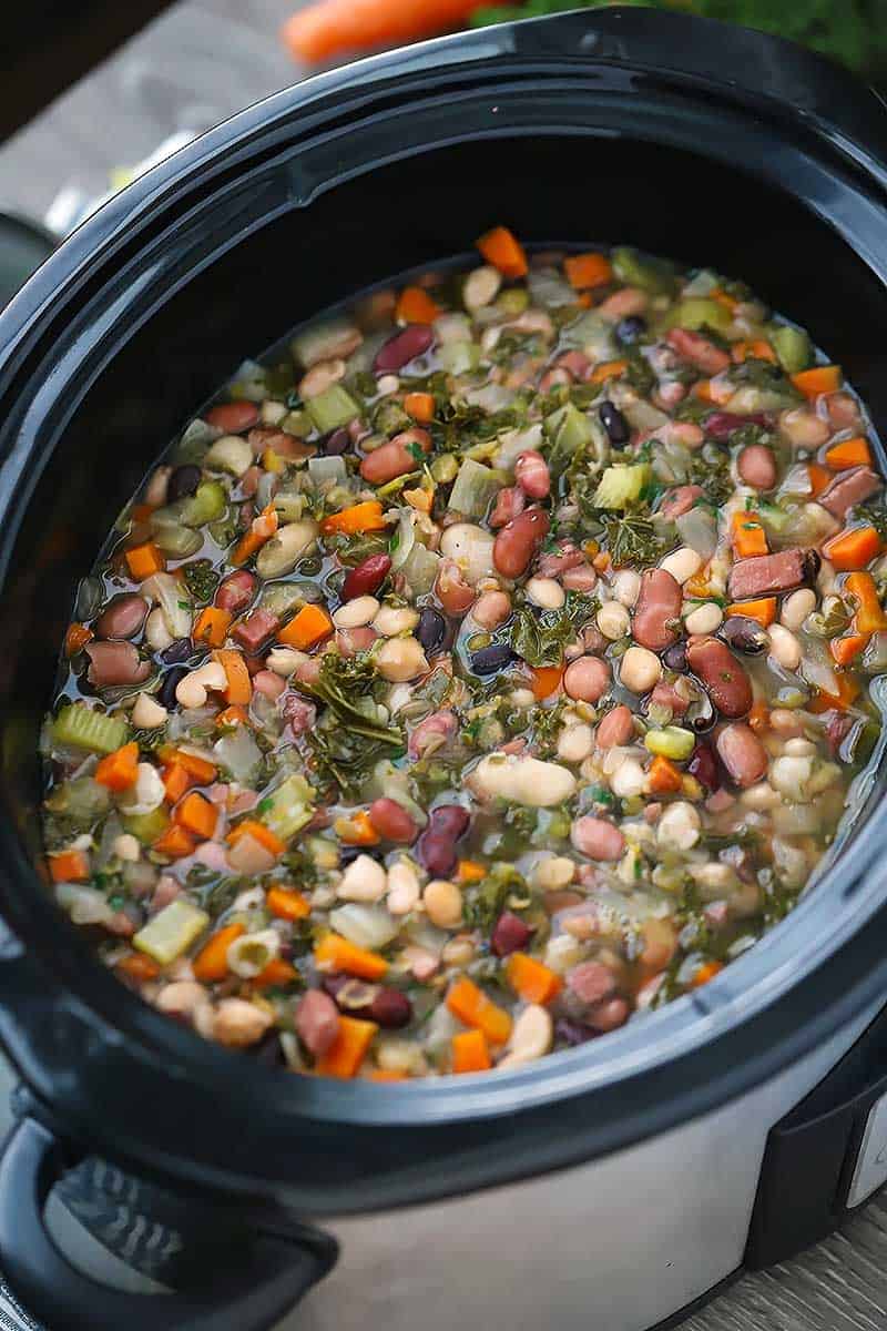 Crockpot with 15 bean soup in it.