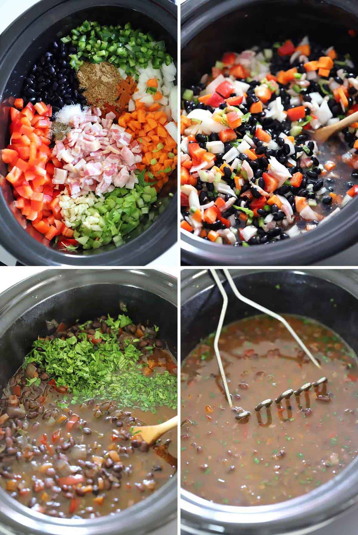 A photo collage showing the ingredients for slow cooker black bean soup before and after cooking.