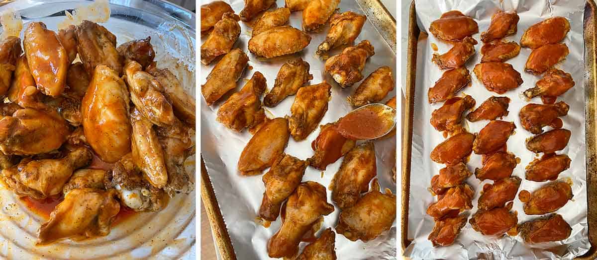 Process collage showing mixing cooked wings with buffalo sauce and placing on a baking sheet to broil.