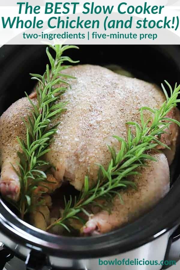 pinterest image for slow cooker whole chicken.