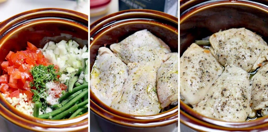 Slow Cooker Greek-Style Green Beans and Chicken thighs is the ULTIMATE one-pot meal: everything cooks in your crockpot at once! Plus, it's cheap, whole30/paleo, low carb, and healthy.