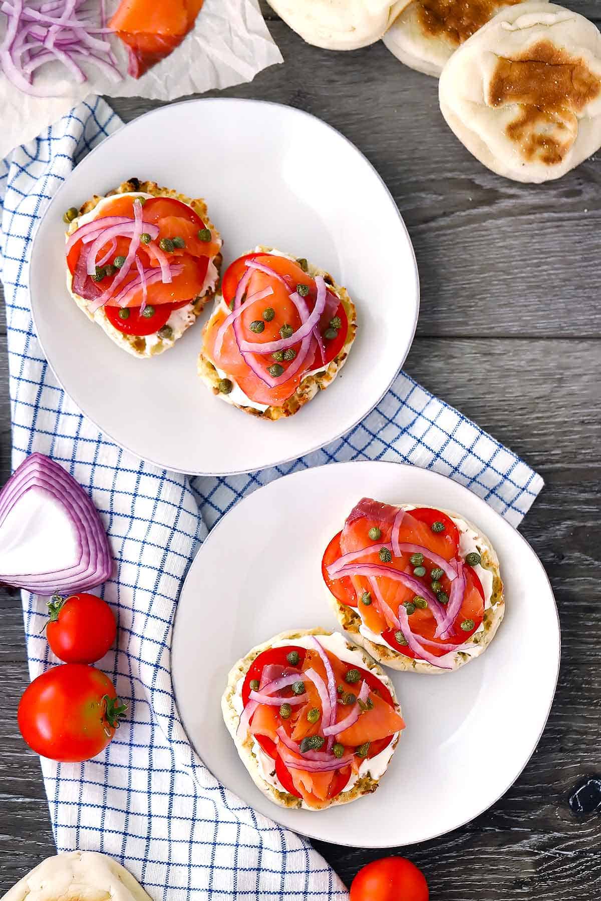 Overhead photo of smoked salmon english muffins