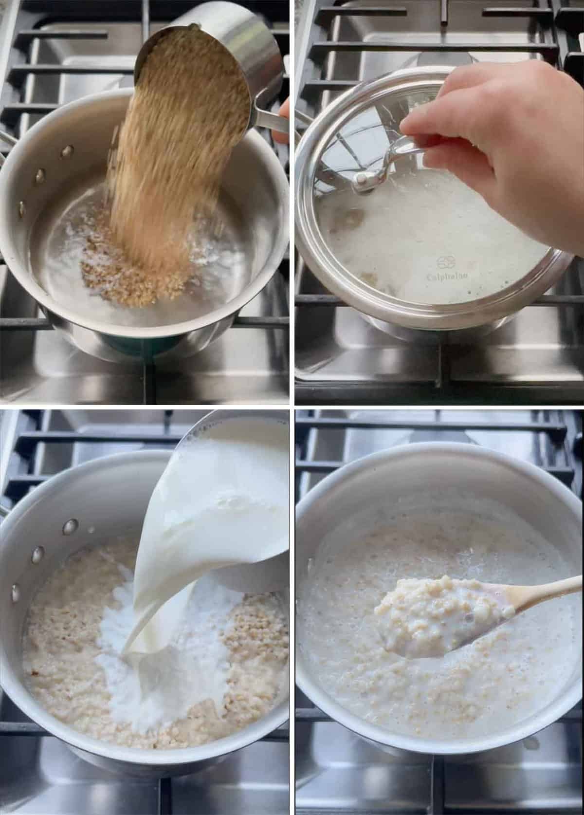 Process collage showing how to make overnight steel cut oatmeal on the stovetop.