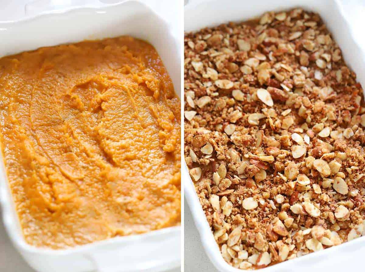 Assembling a sweet potato casserole.
