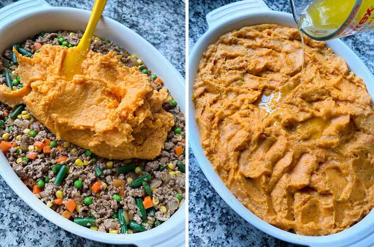 Process collage showing how to assemble the layers of a sweet potato turkey shepherd's pie.