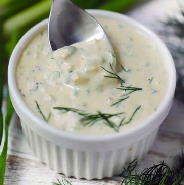 Square photo of homemade tartar sauce.