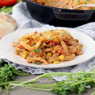 A plate with tex mex tuna noodle casserole on it.