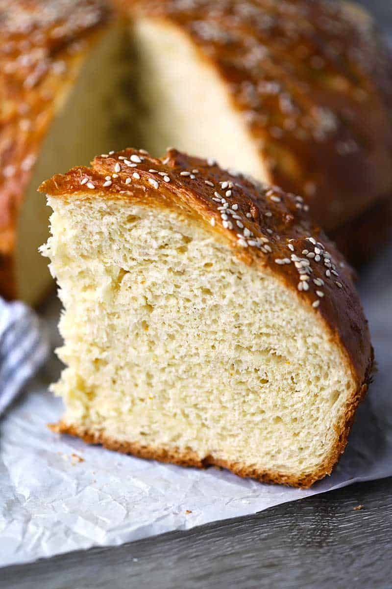 Close up photo showing the crumb of Greek New years bread.