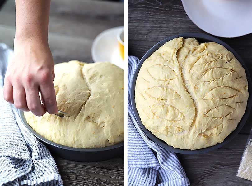 Process collage showing how to score Greek bread.
