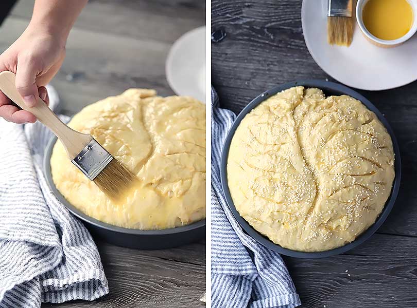 Process collage showing brushing Vasilopita with egg wash.