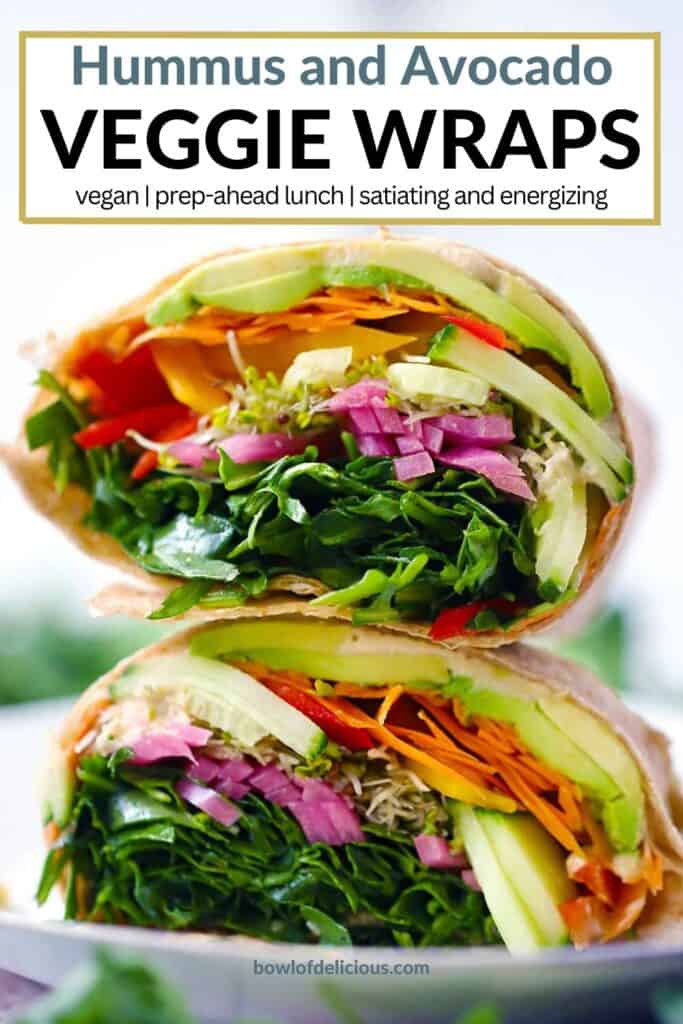 Pinterest image for veggie wraps with hummus and avocado.