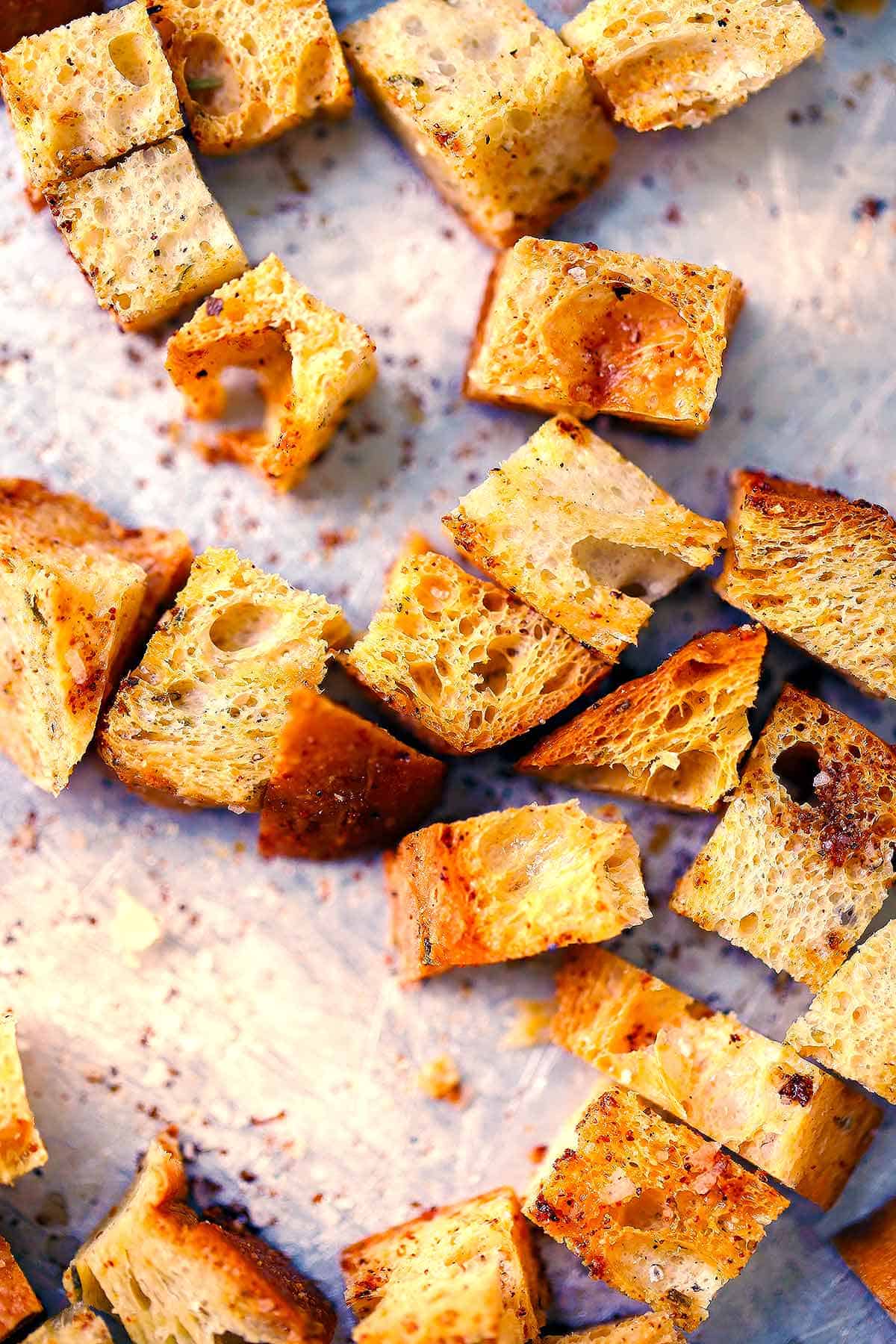 Close up photo of homemade croutons.