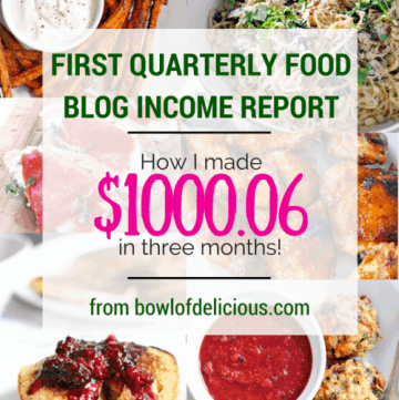 Photo collage showing a variety of Bowl of Delicious meals arranged in a 2 by 3 grid, with text overlaid that reads, "First Quarterly Food Blog Income Report: How I made $1000.06 in three months! From bowlofdelicious.com."
