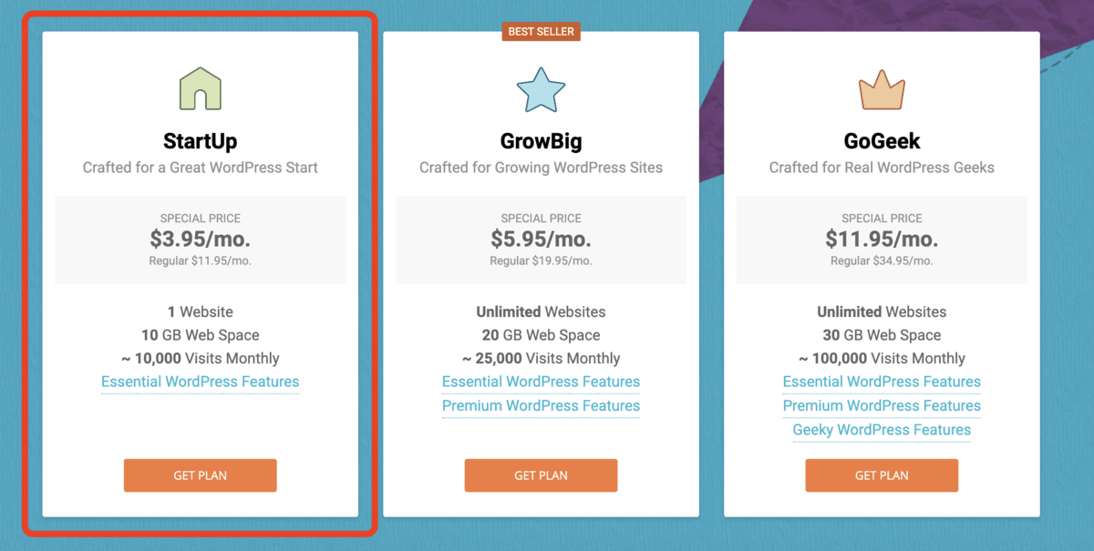 Selecting the startup wordpress hosting plan on siteground